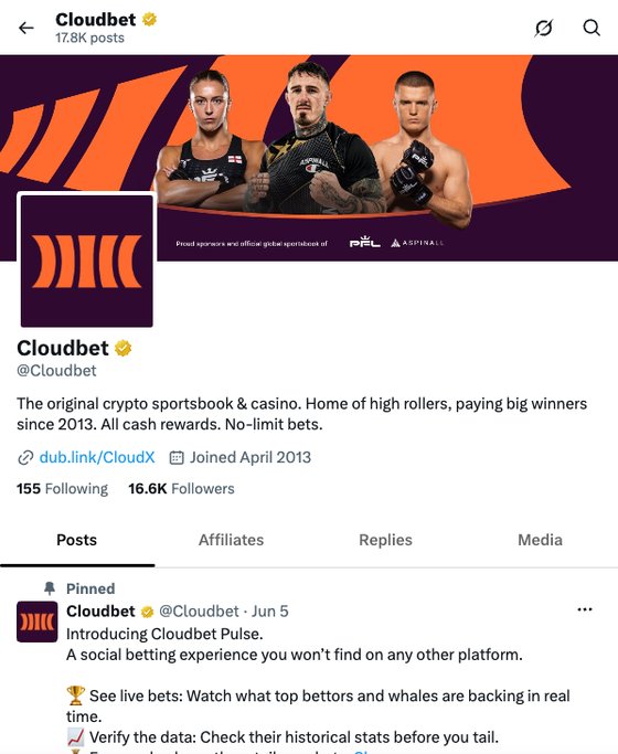Cloudbet official X (Twitter) profile