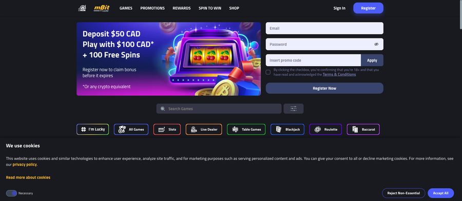mBit Casino homepage screenshot