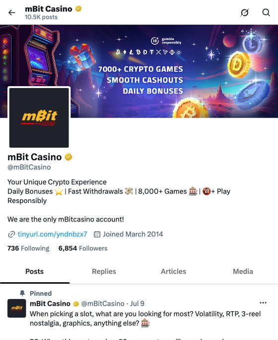 mBit Casino official X (Twitter) profile