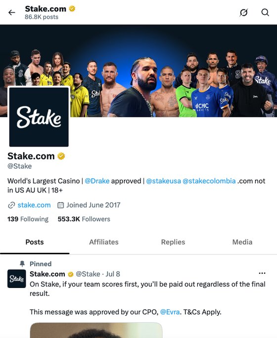 Stake.com official X (Twitter) profile